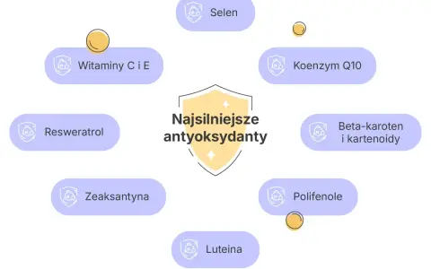 Schemat przedstawiający najsilniejsze antyoksydanty w kosmetykach: witaminy C i E, selen, koenzym Q10, beta-karoten, polifenole, luteina, zeaksantyna, resweratrol.
