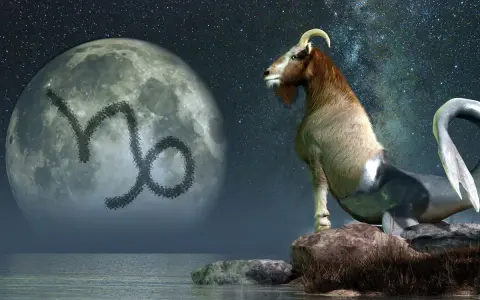 Mitologiczna koza z rybim ogonem, symbolizująca ascendent w koziorożcu, patrzy na księżyc z jego znakiem.