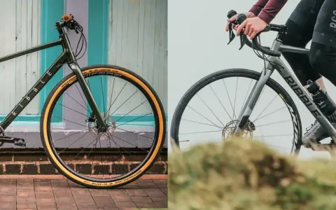 Left: a dark green commuter bike with tan tires. Right: a grey hybrid bike with a rider, ready for adventure.