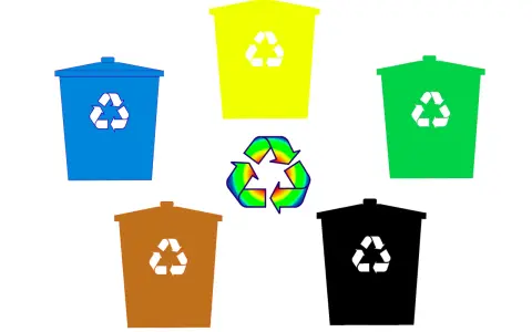Kolorowe kosze na śmieci z symbolami recyklingu. Różne kolory opakowań i ich znaczenie w segregacji odpadów.