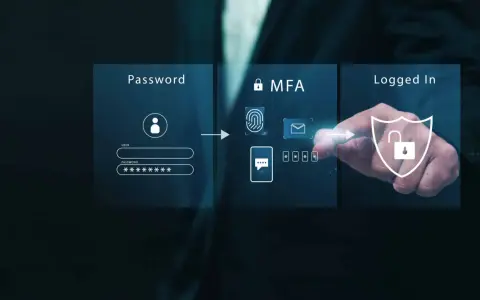Schéma de connexion : mot de passe, puis vérification MFA (empreinte digitale, email, code), et enfin accès sécurisé.