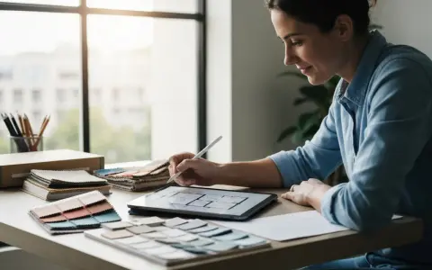 Une designer utilise une tablette pour apprendre comment dessiner une chaise facile. Elle est entourée d'échantillons de tissus et de crayons.