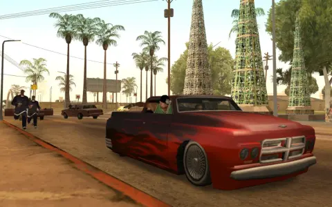 Postacie z GTA San Andreas, gra wydana w 2004 roku, uciekają przed policją w Los Santos.