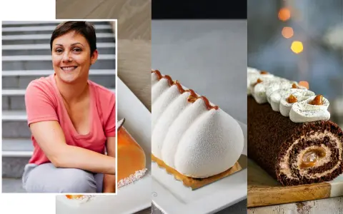 Pâtissière souriante à côté de desserts élégants, dont une bûche au chocolat et une création blanche texturée, évoquant un croustillant pour buche parfait.