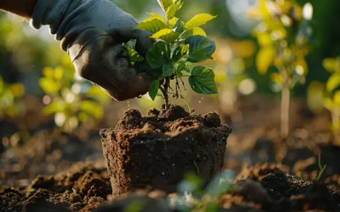 Main d'un jardinier plantant une bouture de cerisier dans la terre.