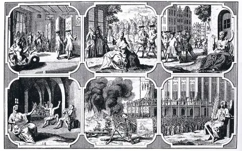 A series of engravings depicting historical punishments, possibly related to what is sodomy, showing trials, executions, and public shaming.