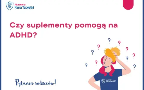 Rodzice zastanawiają się, czy suplementy pomogą na ADHD. Ilustracja przedstawia zamyśloną osobę z dzieckiem na ramionach, otoczoną znakami zapytania.