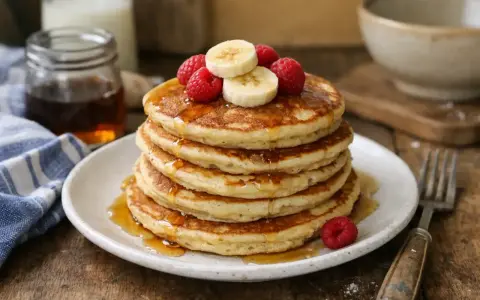 Pile de pancakes sans oeuf, garnis de framboises et rondelles de banane, arrosés de sirop d'érable. Un délice pour le petit-déjeuner.