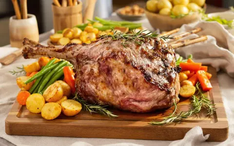 Gigot d'agneau cuisson lente 4 heures, rôti à la perfection, servi avec des pommes de terre rôties, des carottes et des haricots verts.