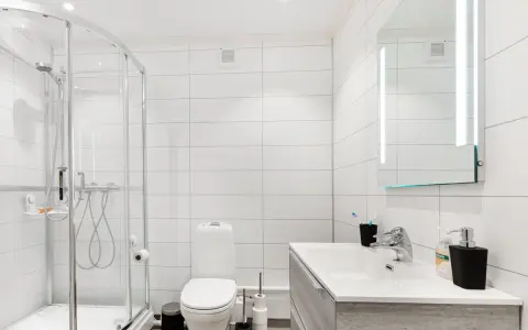 Baño moderno con ducha, inodoro y lavabo. La ventilación del baño es discreta en la pared, asegurando un ambiente fresco.