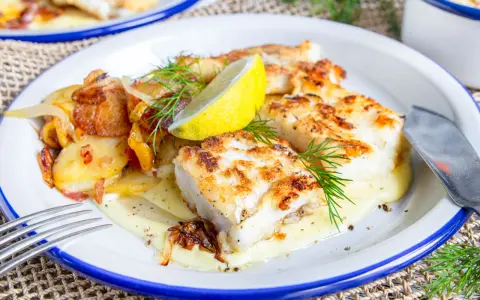 Gebratener Fisch mit Bratkartoffeln und Zwiebeln, garniert mit Dill und Zitrone. So sieht leckerer Pannfisch aus!