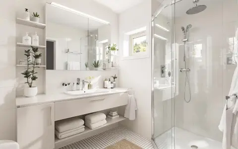 Une petite salle de bain moderne et lumineuse avec une douche vitrée, un lavabo suspendu et des étagères remplies de plantes et de produits de soin.