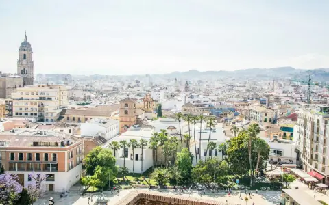 Blick über die Dächer von Malaga, mit dem markanten Glockenturm der Kathedrale und Palmen. Der malaga hafen ist in der Ferne zu erahnen.
