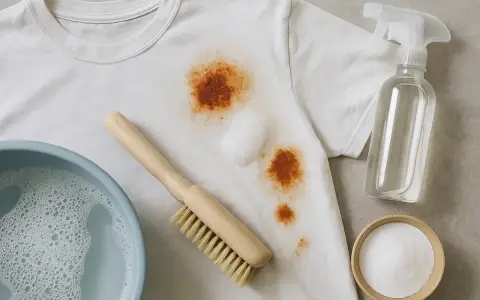 Cómo quitar mancha de óxido en la ropa: una camiseta blanca con manchas marrones, un cepillo, un bol con agua jabonosa, un spray y bicarbonato.