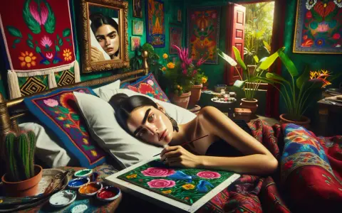 Frida Kahlo, dans son atelier coloré, peint son premier autoportrait, entourée de plantes et de textiles vibrants.