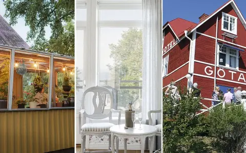 Gammaldags pensionat med växthus, elegant rum med utsikt och rött hus med texten "GÖTA".