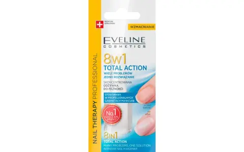 Eveline 8w1 Total Action – najlepsza odżywka do paznokci po hybrydzie. Wzmacnia i regeneruje, przywracając im zdrowy wygląd.