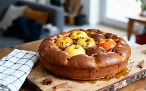 Une délicieuse flognarde aux pommes, dorée et garnie de fruits frais et de bâtons de cannelle, prête à être dégustée.