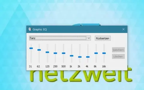 Grafischer Equalizer in Windows 10, eingestellt auf "Tanz". Regler für Frequenzen von 31 Hz bis 16 kHz.