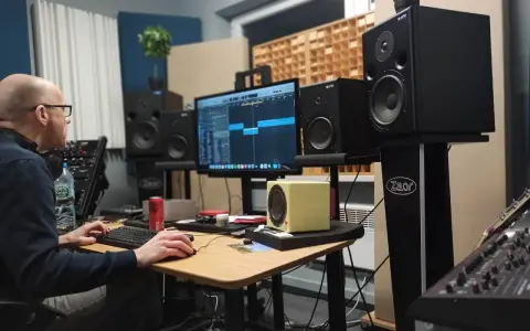 Producent muzyczny pracuje nad miksem i masteringiem w domowym studio. Na ekranie widać sekwencer, a wokół monitory studyjne.