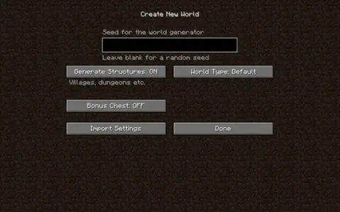 Pantalla de creación de mundo en Minecraft. Introduce tus semillas de Minecraft favoritas o deja en blanco para una aleatoria.
