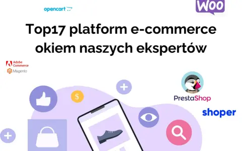 Najlepsze platformy e-commerce w Polsce według ekspertów. Logo OpenCart, Woo, Adobe Commerce, Magento, PrestaShop, Shoper.