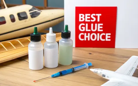 Three bottles of model glue and a syringe sit on a wooden surface next to model airplanes. A red sign reads "BEST GLUE CHOICE.