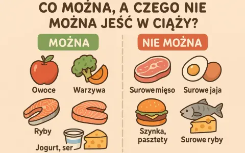 Grafika pokazuje, czego nie jeść w ciąży: surowe mięso, jaja i ryby, a także szynki i pasztety. Bezpieczne są owoce, warzywa, ryby, jogurt i ser.