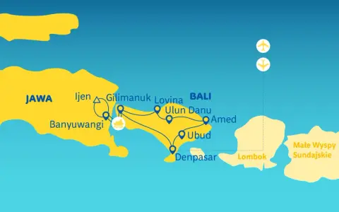 Mapa z trasą zwiedzania Bali: Jawa, Banyuwangi, Gilimanuk, Lovina, Ulun Danu, Amed, Ubud, Denpasar, Lombok.