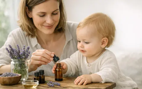 Une mère et son enfant découvrent les bienfaits de l'huile essentielle de lavande. Des brins de lavande fraîche et des petits flacons sont disposés sur une table en bois.