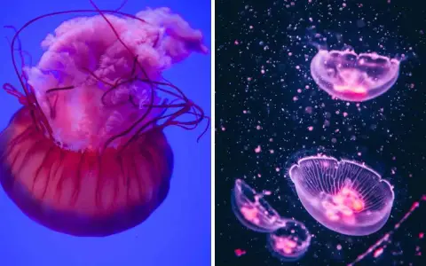 Due diversi tipi di meduse: una grande rosa su sfondo blu e altre più piccole e trasparenti su sfondo scuro.
