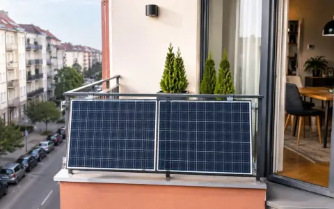 Mini elektrownia słoneczna na balkonie, z widokiem na ulicę i kamienice. Dwa panele fotowoltaiczne łapią promienie słońca.