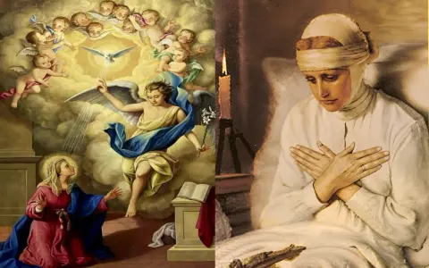 Zwiastowanie Najświętszej Maryi Pannie: Archanioł Gabriel z lilią i gołębicą Ducha Świętego nad klęczącą Maryją. Obok, kobieta w bieli z rękami na piersi, przy świecy.
