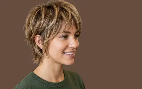 Donna con capelli scalati biondi, un taglio moderno che anticipa i tagli capelli 2025 medi. Sorriso radioso su sfondo marrone.