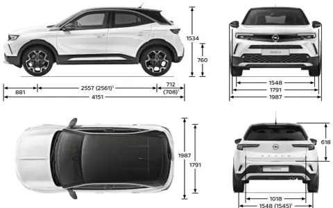 Opel Mokka wymiary: długość 4151 mm, szerokość 1791 mm, wysokość 1534 mm. Kompaktowy SUV z wyraźnymi proporcjami.