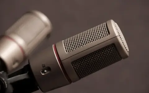 Dwa mikrofony studyjne, jeden bliżej, drugi dalej. Pokazują, jak działa mikrofon, zamieniając dźwięk w sygnał elektryczny.