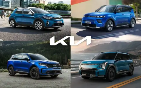 Cztery różne modele suv kia w odcieniach niebieskiego i turkusowego, prezentowane w różnych sceneriach.