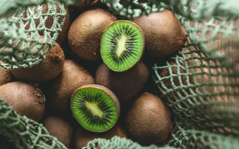 Kiwi freschi in una retina verde, pronti per essere gustati. Un'immagine che evoca il momento quando si raccolgono i kiwi.