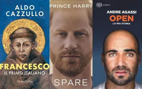Copertine di biografie da leggere: "Francesco, il primo italiano" di Aldo Cazzullo, "Spare" di Prince Harry e "Open" di Andre Agassi.