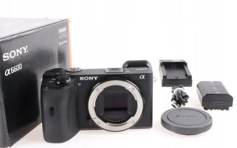 Aparat Sony Alpha 6600 z akcesoriami: pudełko, ładowarka, bateria, kabel i dekielek.