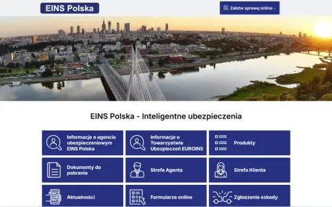 Strona EINS Polska z panoramą Warszawy. Sekcje: informacje o agencjach, produkty, dokumenty, strefa agenta, aktualności, strefa klienta, formularze, zgłoszenie szkody. Sprawdź euroins opinie.