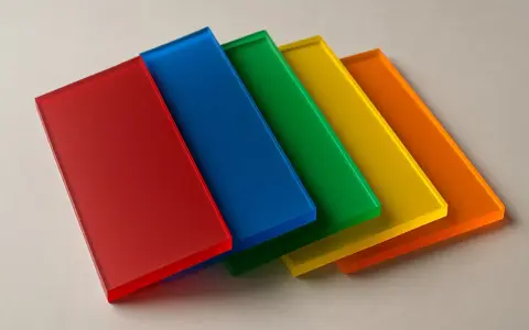 Five colored acrylic sheets (red, blue, green, yellow, orange) arranged in a row, demonstrating how to layer resin without lines for a smooth, vibrant finish.