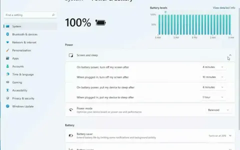Windows 11 kontrollpanelen visar inställningar för ström och batteri, inklusive skärm- och vilotider samt batterisparläge.