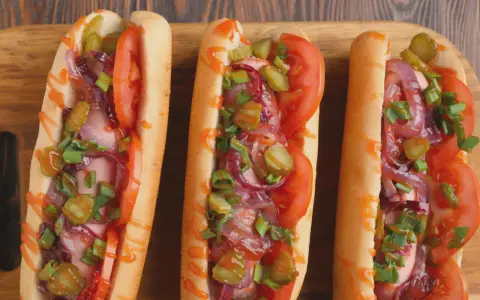 Trzy apetyczne hot dogi z frytkownicy powietrznej, z pomidorami, ogórkami, cebulą i szczypiorkiem, polane sosem.