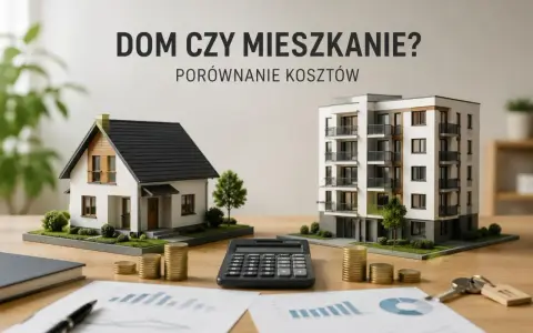 Porównanie kosztów: dom czy mieszkanie? Na stole modele domów, pieniądze, kalkulator i dokumenty.