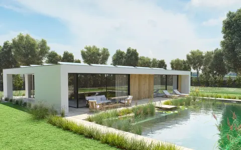 Moderna casa con piscina naturale e arredi da esterno, un esempio di progettazione giardini che integra architettura e natura.