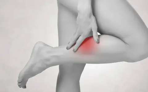 Frau tastet schmerzendes Bein ab, ein roter Fleck deutet auf einen möglichen Thrombose-Test hin.