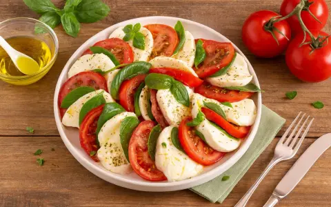 Ein klassisches Caprese Rezept: Scheiben von Tomaten, Mozzarella und frischem Basilikum, beträufelt mit Olivenöl.
