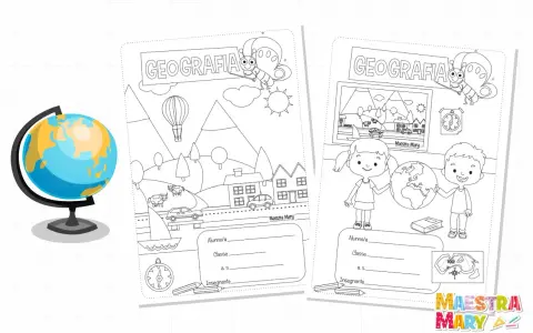Copertina geografia classe seconda con disegni di un mappamondo, paesaggi, bambini e farfalla.