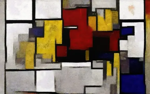 Abstrakcja w stylu Piet Mondrian: geometryczne bloki czerwieni, żółci, błękitu i bieli, połączone czarnymi liniami.